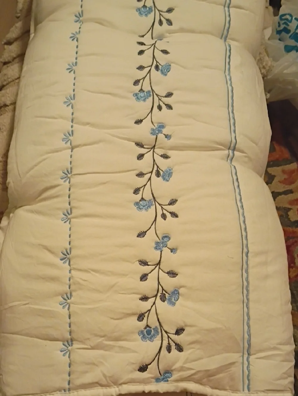 King Size Embroidered Floral Comforter in Cream and Blue